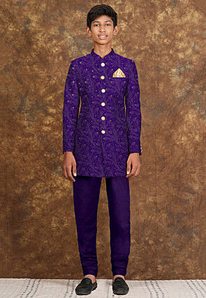 Embroidered Georgette Sherwani in Purple