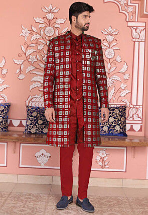 Embroidered Georgette Sherwani in Maroon
