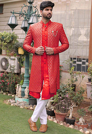 Embroidered Georgette Sherwani in Red