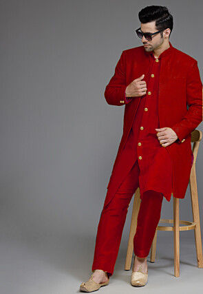 Embroidered Georgette Sherwani in Red