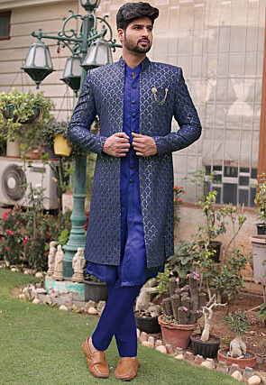 Embroidered Georgette Sherwani in Royal Blue MTE1654