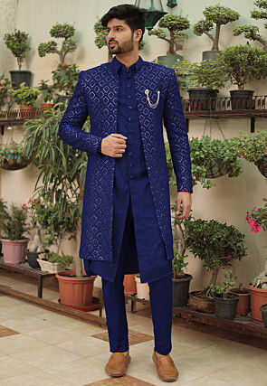 Embroidered Georgette Sherwani in Royal Blue