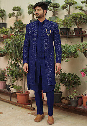 Embroidered Georgette Sherwani in Royal Blue