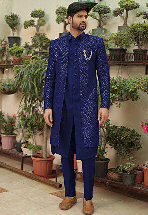 Embroidered Georgette Sherwani in Royal Blue