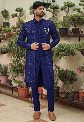 Embroidered Georgette Sherwani in Royal Blue