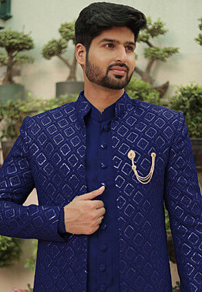 Embroidered Georgette Sherwani in Royal Blue