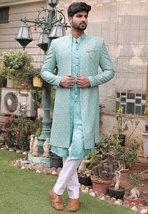 Embroidered Georgette Sherwani in Sea Green