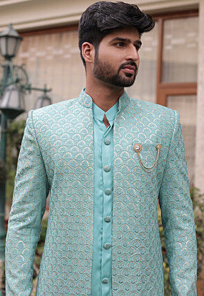 Embroidered Georgette Sherwani in Sea Green