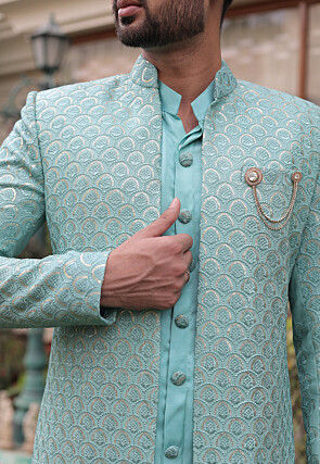 Embroidered Georgette Sherwani in Sea Green