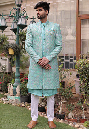 Embroidered Georgette Sherwani in Sea Green