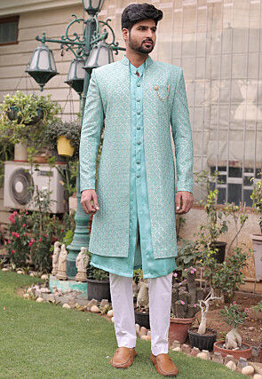 Embroidered Georgette Sherwani in Sea Green