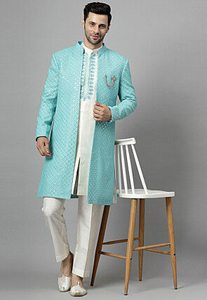 Embroidered Georgette Sherwani in Sky Blue and Off White