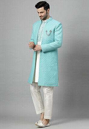 Embroidered Georgette Sherwani in Sky Blue and Off White