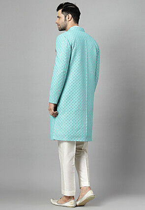 Embroidered Georgette Sherwani in Sky Blue and Off White