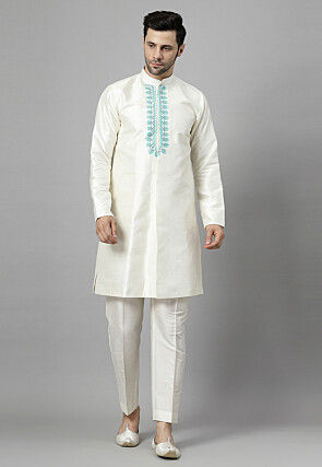 Embroidered Georgette Sherwani in Sky Blue and Off White