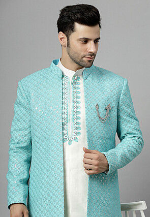 Embroidered Georgette Sherwani in Sky Blue and Off White