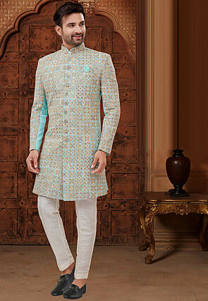 Embroidered Georgette Sherwani in Sky Blue