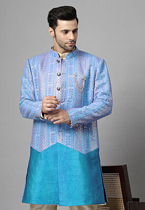 Embroidered Georgette Sherwani in Sky Blue