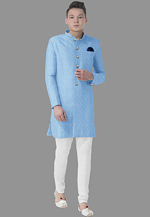 Embroidered Georgette Sherwani in Sky Blue