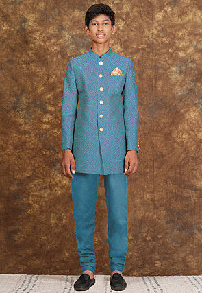 Embroidered Georgette Sherwani in Teal Blue