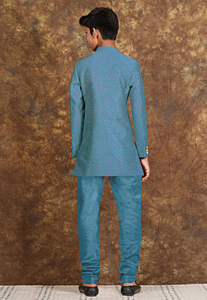 Embroidered Georgette Sherwani in Teal Blue