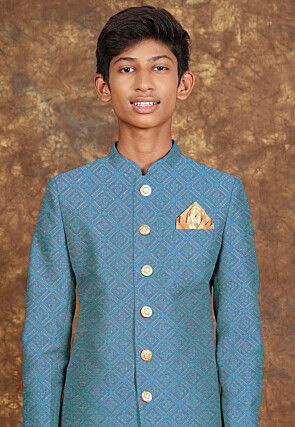 Embroidered Georgette Sherwani in Teal Blue