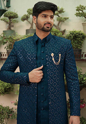 Embroidered Georgette Sherwani in Teal Blue