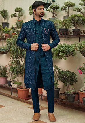 Embroidered Georgette Sherwani in Teal Blue