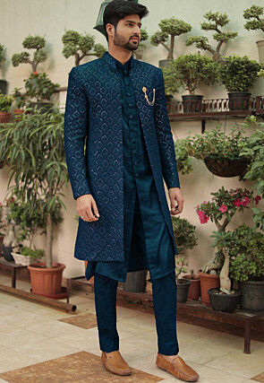 Embroidered Georgette Sherwani in Teal Blue