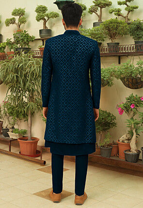 Embroidered Georgette Sherwani in Teal Blue