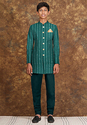 Embroidered Georgette Sherwani in Teal Green