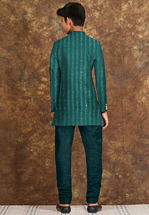 Embroidered Georgette Sherwani in Teal Green