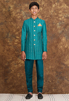 Embroidered Georgette Sherwani in Turquoise