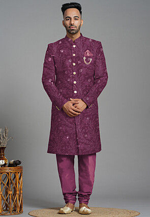 Embroidered Georgette Sherwani in Violet