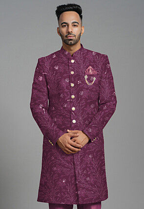 Embroidered Georgette Sherwani in Violet