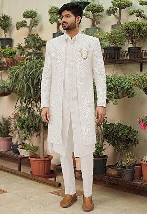 Embroidered Georgette Sherwani in White