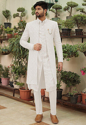 Embroidered Georgette Sherwani in White
