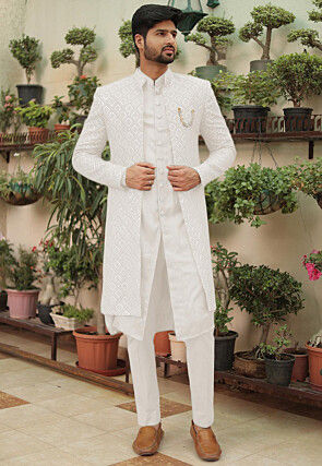 Embroidered Georgette Sherwani in White