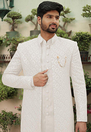 Embroidered Georgette Sherwani in White