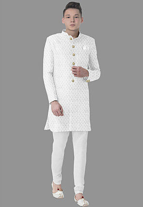 Embroidered Georgette Sherwani in White