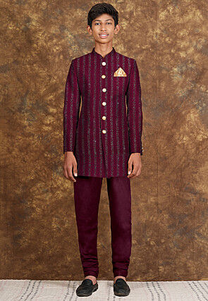 Embroidered Georgette Sherwani in Wine