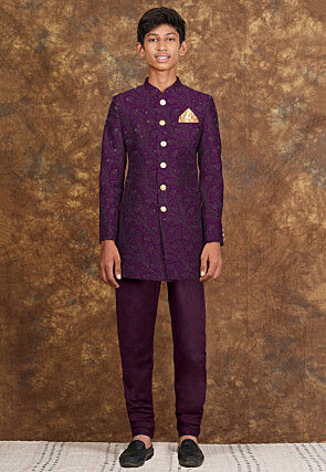 Embroidered Georgette Sherwani in Wine