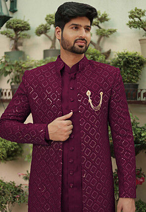 Embroidered Georgette Sherwani in Wine
