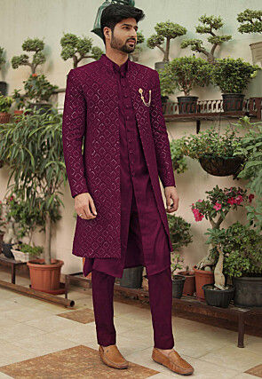 Embroidered Georgette Sherwani in Wine