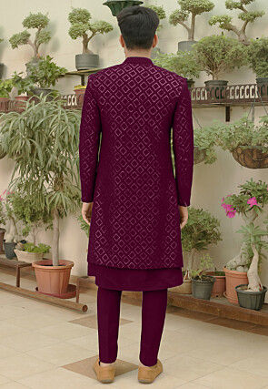 Embroidered Georgette Sherwani in Wine