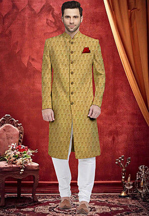 Embroidered Georgette Sherwani in Beige