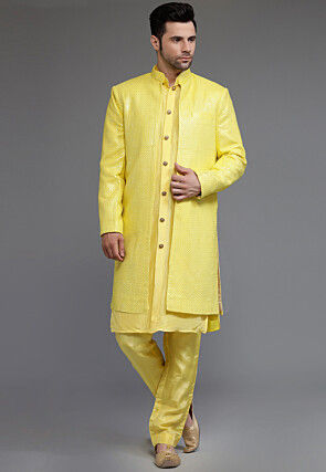Embroidered Georgette Sherwani in Yellow