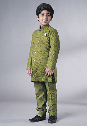 Embroidered Georgette Sherwani Set in Olive Green