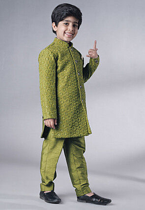 Embroidered Georgette Sherwani Set in Olive Green
