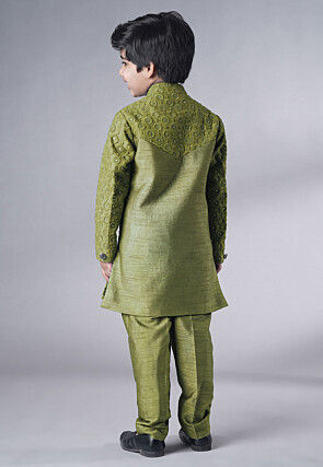 Embroidered Georgette Sherwani Set in Olive Green